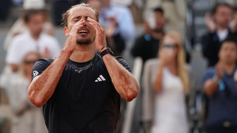 Alexander Zverev of Germany celebrates after winning the men's final match against Flavio Cobolli of Italy at the French Open tennis tournam