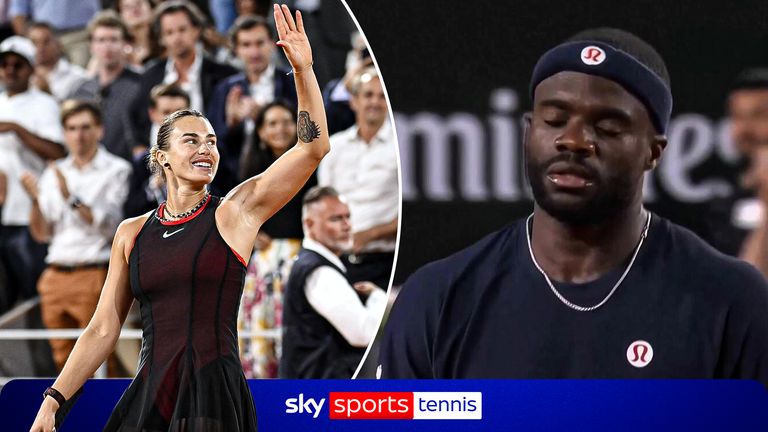 Aryna Sabalenka celebrates whilst Frances Tiafoe looks disappointed at the French Open