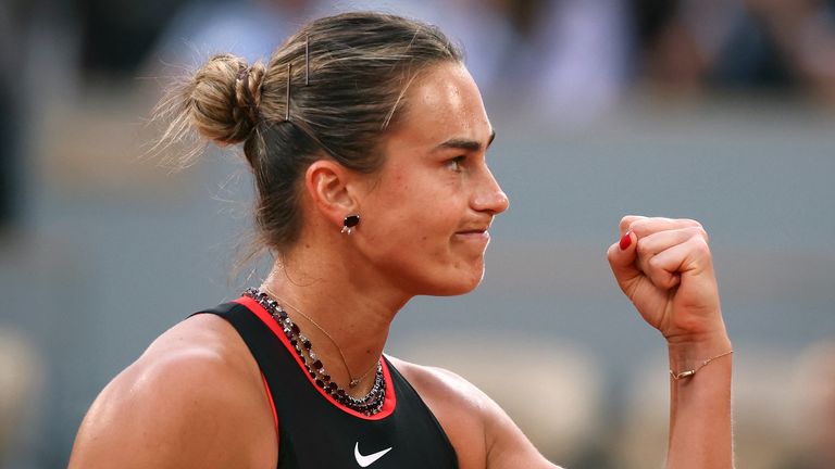 Aryna Sabalenka reacts to a point against Japan's Naomi Osaka during their women's singles match on day 9 of the French Open tennis tournament on Court Philippe-Chatrier at the Roland-Garros Complex in Paris on June 1, 2026. (Photo by Alain JOCARD / AFP)