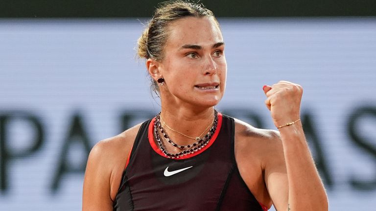 Aryna Sabalenka reacts in the Women's Singles Fourth Round match against Naomi Osaka of Japan during Day nine of the 2026 French Open at Rol