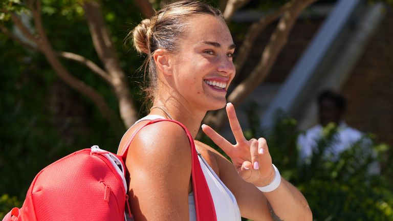 Aryna Sabalenka of Belarus gestures as she attends a training session at the All England Lawn Tennis and Croquet Club, ahead of the Wimbledon Championships in London, Thursday, June 25, 2026. (AP Photo/Kirsty Wigglesworth)