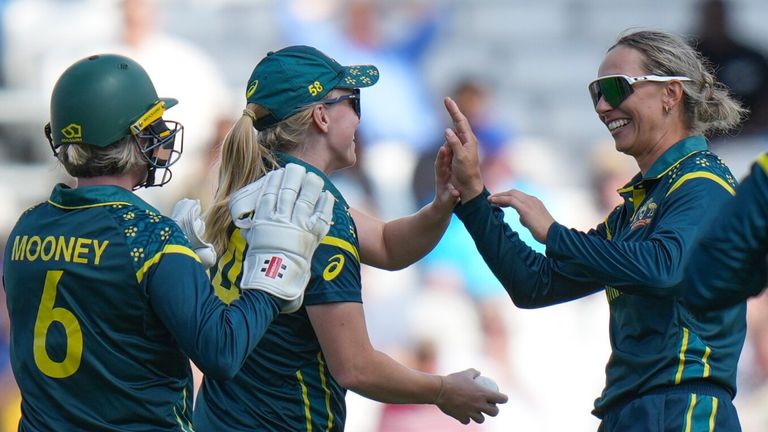Australia's Ashleigh Gardner, second from right, celebrates with teammates the wicket of West Indies' Stafanie Taylor 