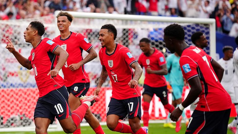 England race away in celebration after Jude Bellingham makes the breakthrough against Panama
