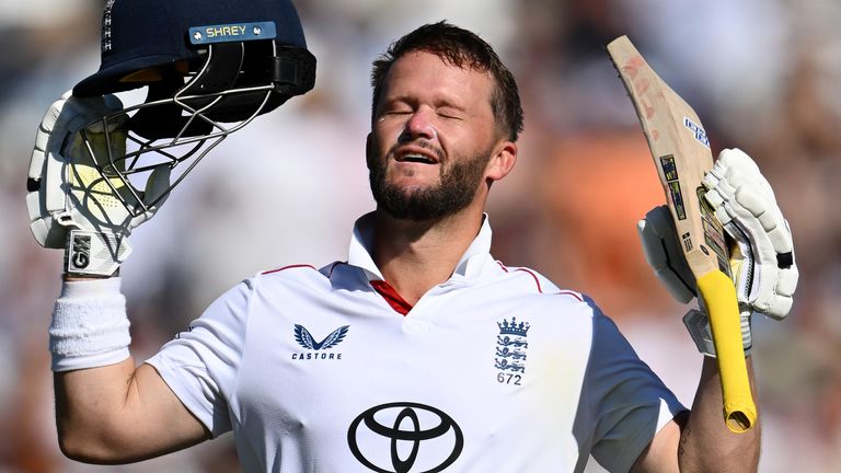 Ben Duckett celebrates his seventh Test century on day two of the third Test between England and New Zealand at Trent Bridge