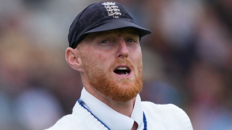 England's captain Ben Stokes walks onto the field before the start of play on the fourth day of the Test match between England and New Zealand at Lord's cricket ground in London, Sunday, June 7, 2026. (AP Photo/Kirsty Wigglesworth)
