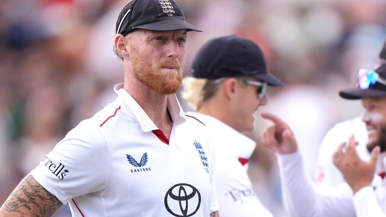 England captain Ben Stokes looks on as a leg before review againt New Zealand's Daryl Mitchell went against his side