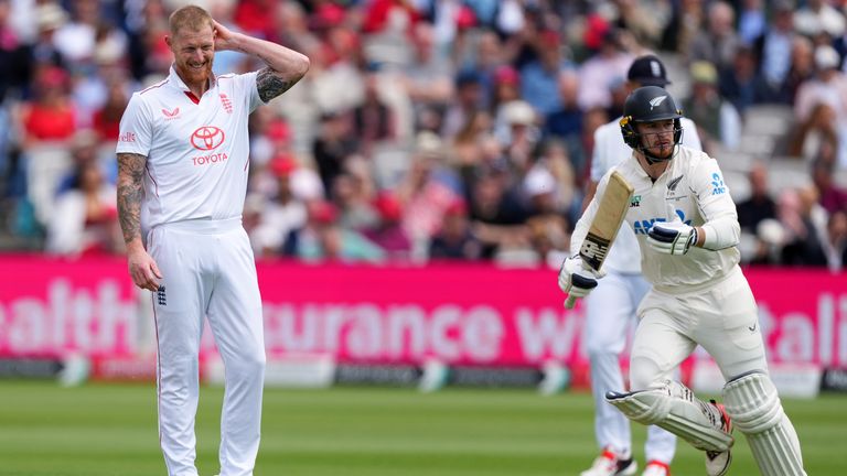 Ben Stokes reacts after bowling on day two of the first Test