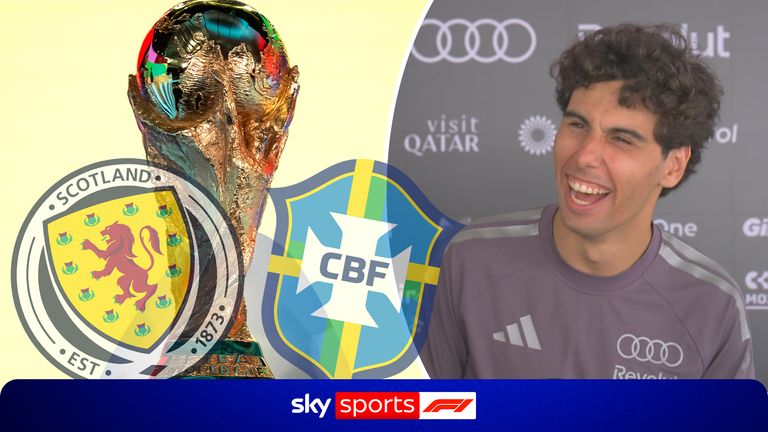 Gabriel Bortloeto jokes with Sky Sports' Craig Slater as his country Brazil is due to meet Scotland in the World Cup and  Audi Revolut's racing director Allan McNish being Scottish. 