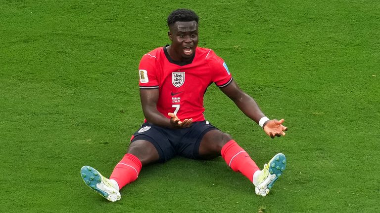 Bukayo Saka protests a decision during England's final group match against Panama