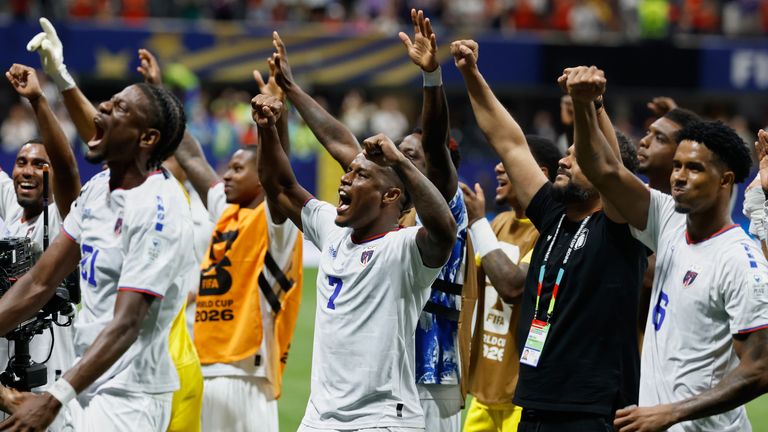 Cape Verde players celebrate after the World Cup Group H soccer match between Spain and Cape Verde in Atlanta, Monday, June 15, 2026.