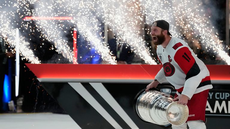 Carolina Hurricanes center Jordan Staal (11) celebrates with the Stanley Cup after defeating the Vegas Golden Knights in Game 6