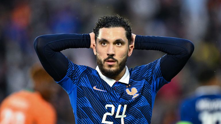France's forward Rayan Cherki reacts