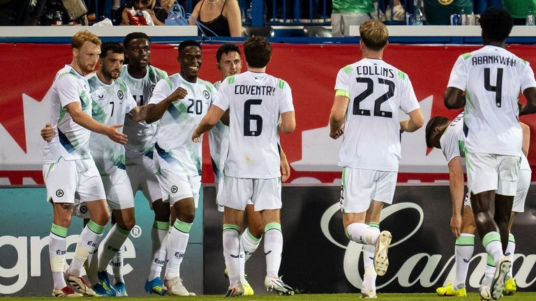 Republic of Ireland's Chiedozie Ogbene (20) celebrates his goal against Canada