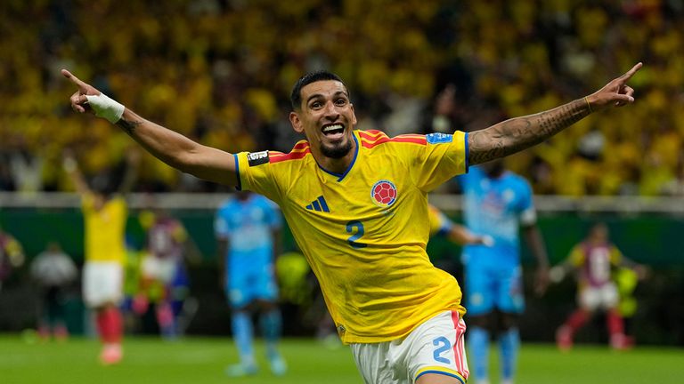 Colombia's Daniel Munoz celebrates after scoring his side's opening goal during the World Cup Group K soccer match between Colombia and Congo in Zapopan, near Guadalajara, Mexico, Tuesday, June 23, 2026. (AP Photo/Ricardo Mazalan)
