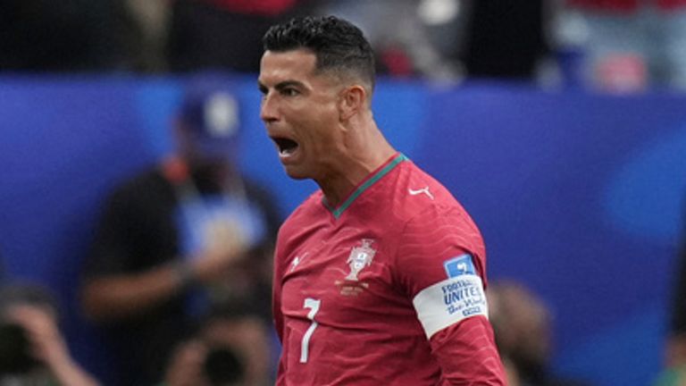 Portugal's Cristiano Ronaldo (7) celebrates after scoring the opening goal of his team during the World Cup Group K soccer match between Portugal and Uzbekistan in Houston, Tuesday, June 23, 2026. (AP Photo/Eric Gay)