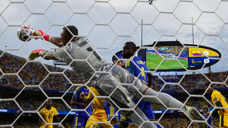 Curacao goalkeeper Eloy Room (1) makes a save during the World Cup Group E soccer match between Ecuad