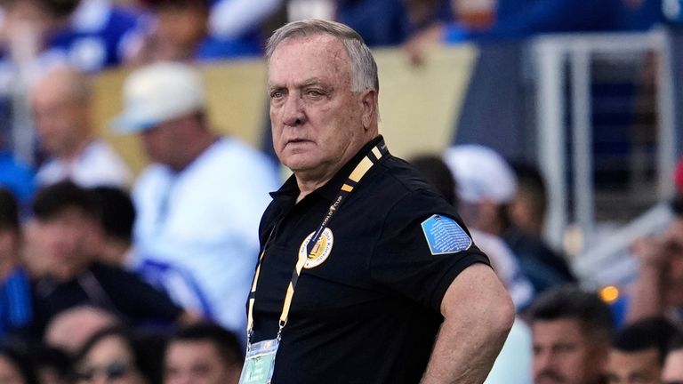 FILE - Curacao head coach Dick Advocaat watches from the sideline during the first half of a CONCACAF Gold Cup soccer match against El Salvador, on June 17, 2025, in San Jose, Calif. (AP Photo/Godofredo A. Vasquez, File)