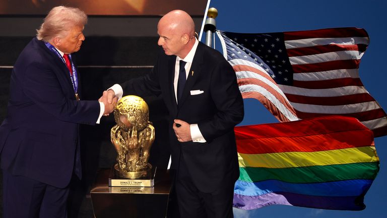 Donald Trump, Gianni Infantino, World Cup trophy, US flag, Pride flag