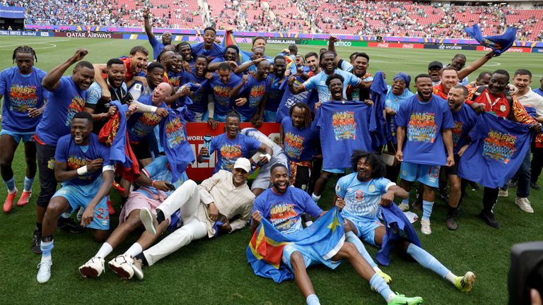 DR Congo players and staff celebrate after qualifying for the World Cup