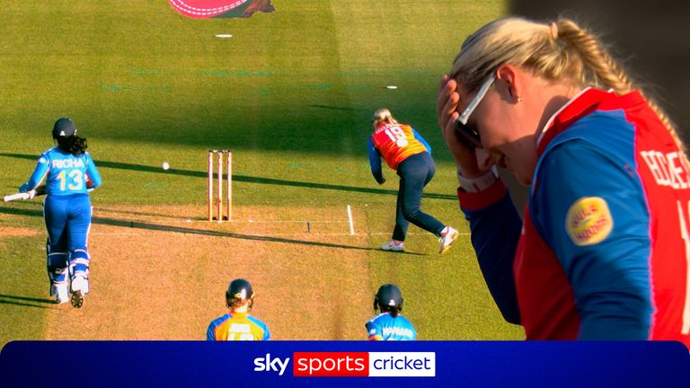 Sophie Ecclestone then endures a rare lapse in the field, missing the non-striker’s stumps from close range with an underarm attempt to run out Richa Ghosh.