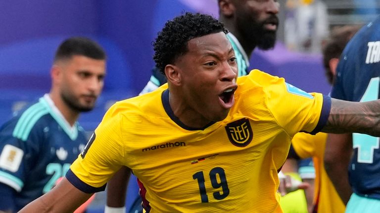 Ecuador's Gonzalo Plata (19) celebrates scoring his side's second goal against Germany during the World Cup Group E soccer match in East Rutherford, N.J., near New York, Thursday, June 25, 2026. (AP Photo/Yuki Iwamura)