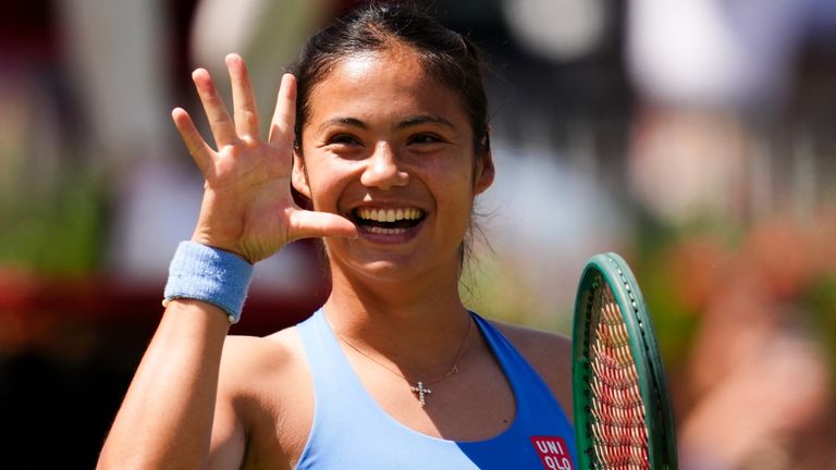Emma Raducanu of Great Britain following her victory over Anna Blinkova on day two of the HSBC Championships at The Queen's Club, London. Pi