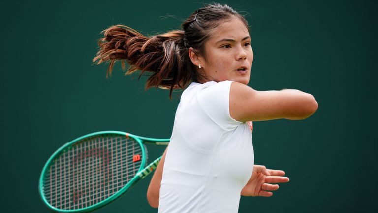 Emma Raducanu wore lower leg strapping during a truncated practice session at Wimbledon
