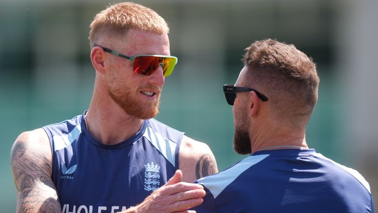 England captain Ben Stokes with head coach Brendon McCullum during a nets session at Trent Bridge