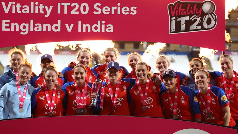 England celebrate as Charlie Dean's side sealed a 2-1 series victory against India on Tuesday