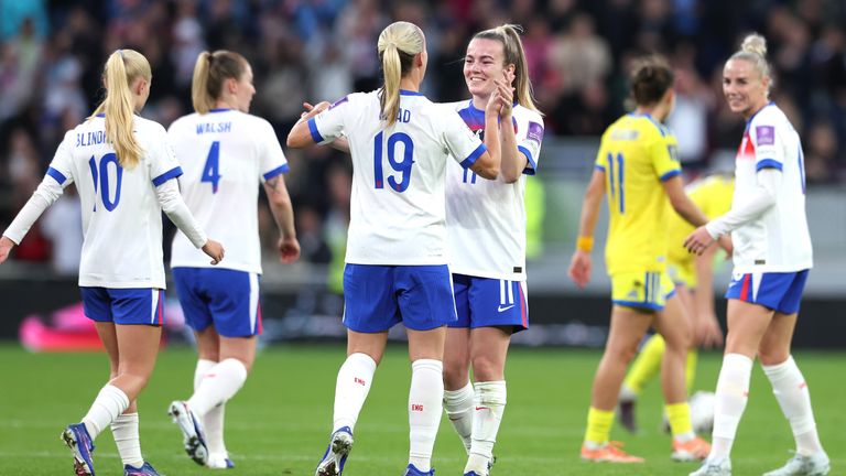 England players celebrate Beth Mead's goal against Ukraine