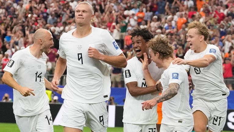 Norway's Erling Haaland celebrates after scoring his side's second goal against Ivory Coast (AP Photo/Tony Gutierrez)