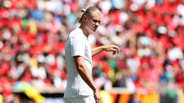 HARRISON, NEW JERSEY - JUNE 07: Erling Haaland of Norway reacts during the international friendly match between Morocco and Norway at Red Bull Arena on June 07, 2026 in Harrison, New Jersey. (Photo by Vincent Carchietta/Getty Images)