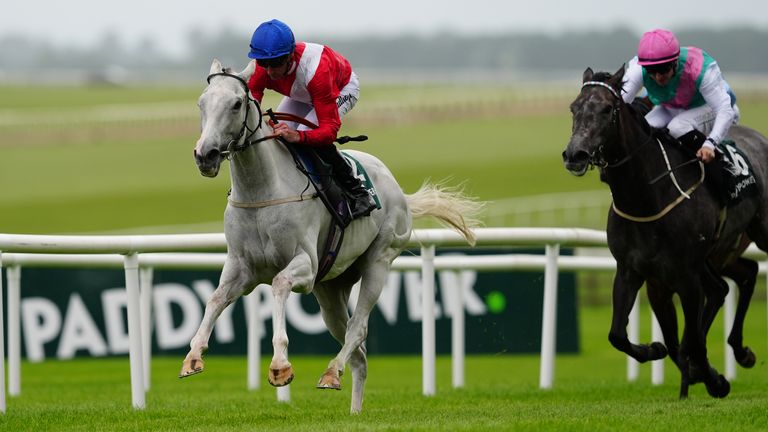 Estrange ridden by Daniel Tudhope goes on to win the Paddy Power Pretty Polly Stakes at Curragh racecourse