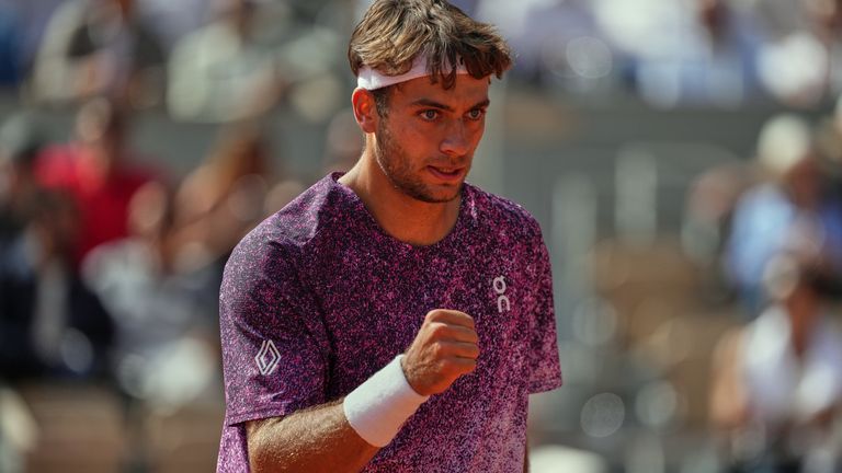 Italy's Flavio Cobolli reacts during the final tennis match against Germany's Alexander Zverev at the French Open in Paris, Sunday, June 7, 