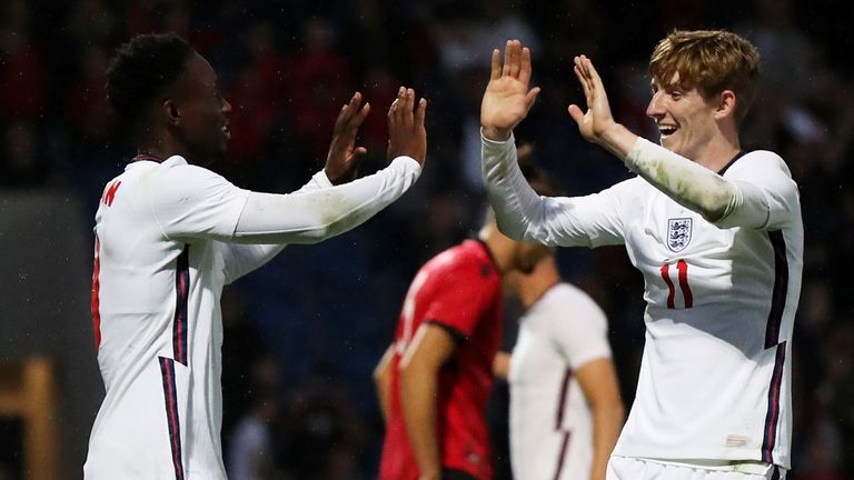 Folarin Balogun and Anthony Gordon playing for England U21s in the summer of 2022