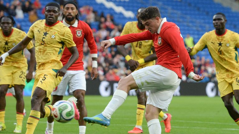 Daniel James has a shot at goal only to see it blocked during the international friendly match between Wales and Ghana 