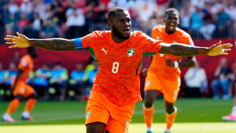Ivory Coast's Franck Kessie celebrates his goal against Germany