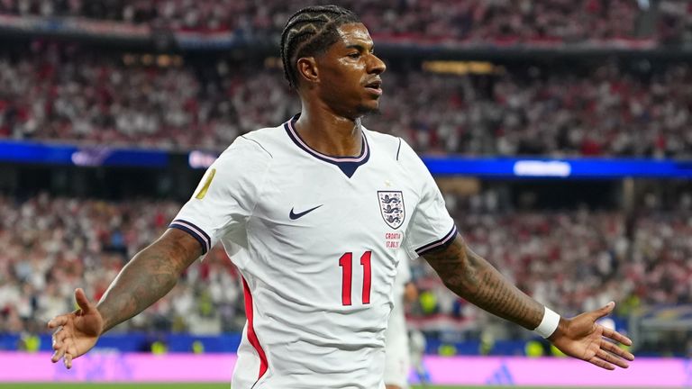 England's Marcus Rashford celebrates scoring his side's fourth goal against Croatia