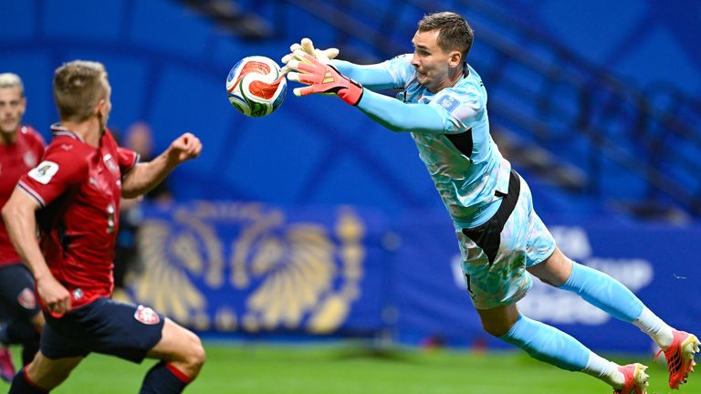 Matej Kovar makes a save against South Africa
