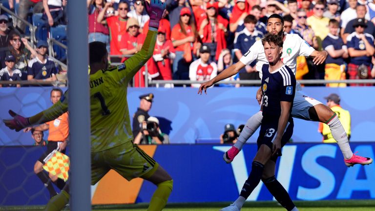 Morocco's Ismael Saibari scoring the opening goal against Scotland