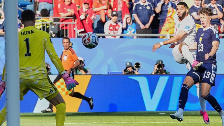Morocco's Ismael Saibari scores a goal against Scotland