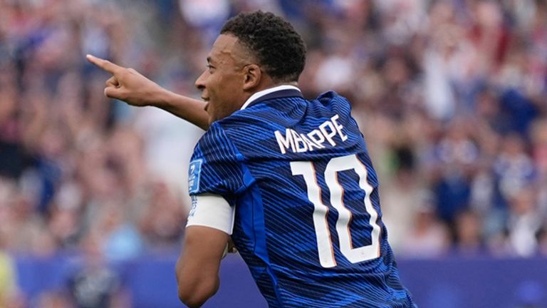 France's Kylian Mbappe celebrates scoring his side's opening goal during the World Cup Group I soccer match between France and Iraq in Philadelphia, Monday, June 22, 2026. (AP Photo/Matt Slocum)