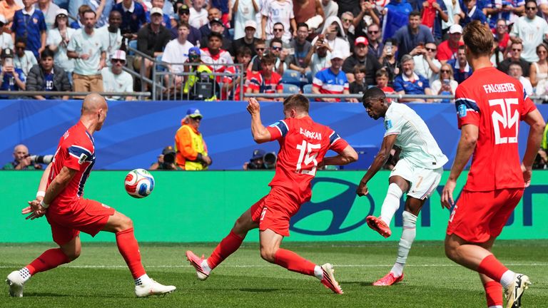 France's Ousmane Dembele scores the opening goal 