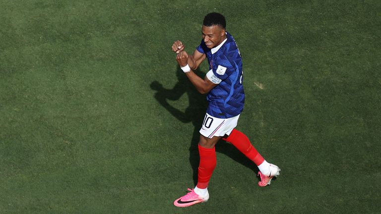 France's Kylian Mbappe celebrates after scoring the opening goal