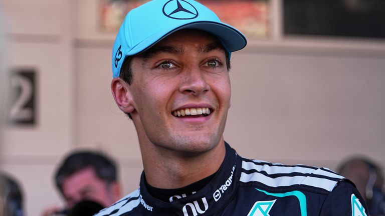 George Russell celebrates his pole position at the Barcelona-Catalunya Grand Prix