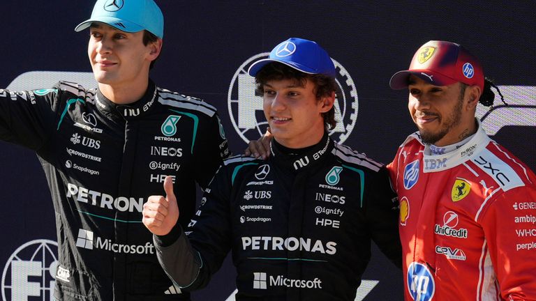 George Russell, Kimi Antonelli and Lewis Hamilton