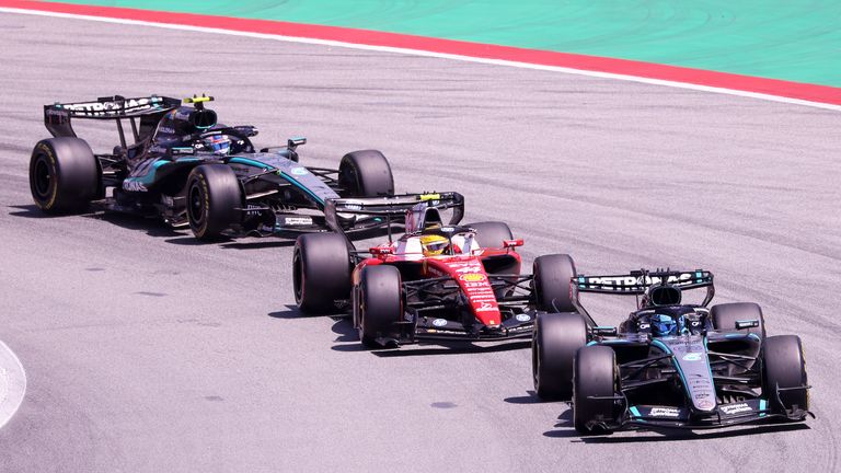 George Russelli and Kimi Antonelli of Mercedes-AMG PETRONAS Formula One Team, and Lewis Hamilton of Scuderia Ferrari HP, participate in the Formula 1 MSC Cruises GP Barcelona-Catalunya at Circuit Barcelona-Catalunya in Barcelona, Spain, on June 14, 2026. (Photo by Joan Valls/Urbanandsport/NurPhoto)