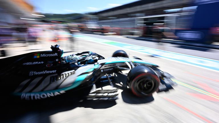 Mercedes driver George Russell of Britain leaves pits steers his car during the third free practice ahead of the Austrian F1 Grand Prix, in Spielberg, Austria, Saturday, June 27, 2026. (AP Photo/Denes Erdos)