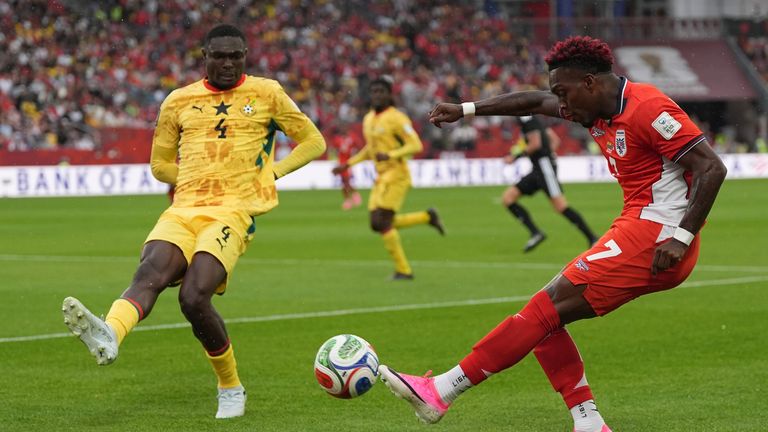 Panama's Jose Luis Rodriguez, right, kicks the ball past Ghana's Jonas Adjetey during the World Cup Group L soccer match between Ghana and Panama in Toronto, Wednesday, June 17, 2026. (AP Photo/Stephanie Scarbrough)