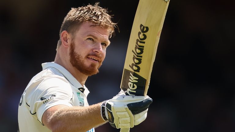 New Zealand's Glenn Phillips celebrates his maiden Test century, against England at The Kia Oval in June 2026 (Getty Images)